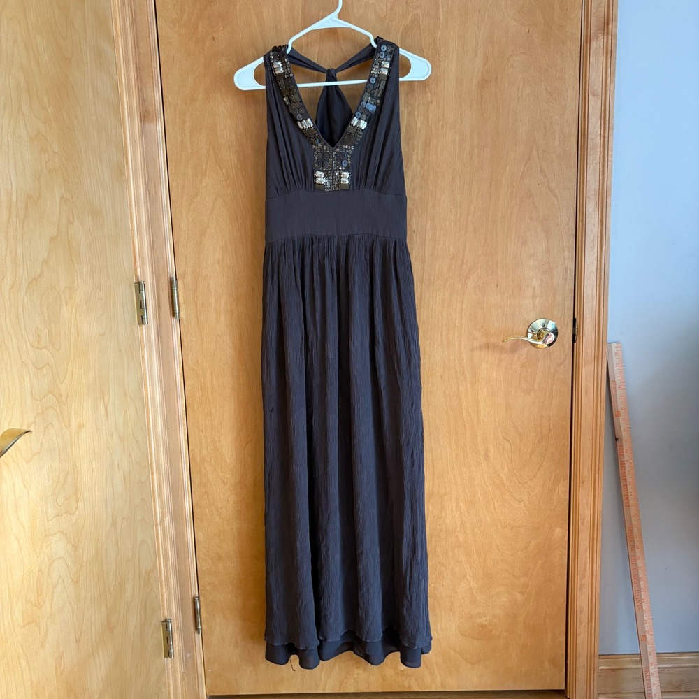 Banana Republic Silk Maxi Dress Beaded‎ Embellished Halter Evening Gown 4